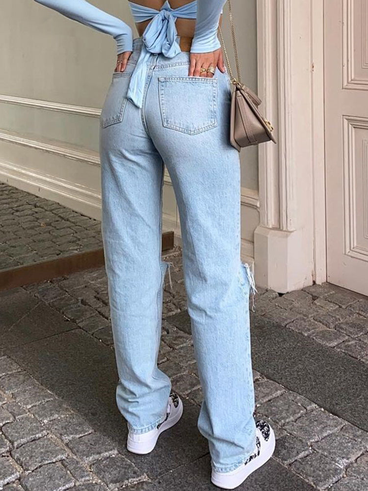 Baggy jeans med høyt liv og vide ben for dame – løs jeans med slitte detaljer