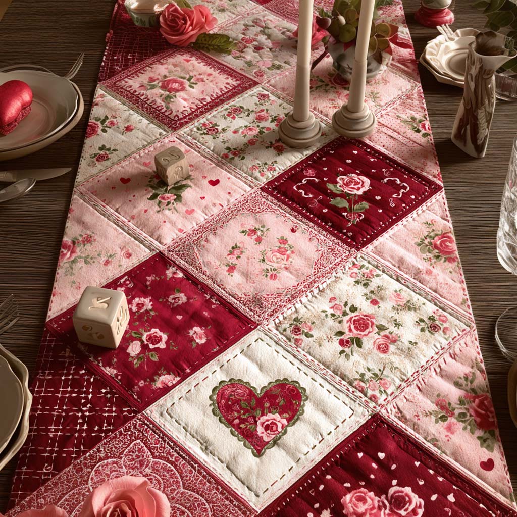 Bordløper - Valentinshjerter i patchwork