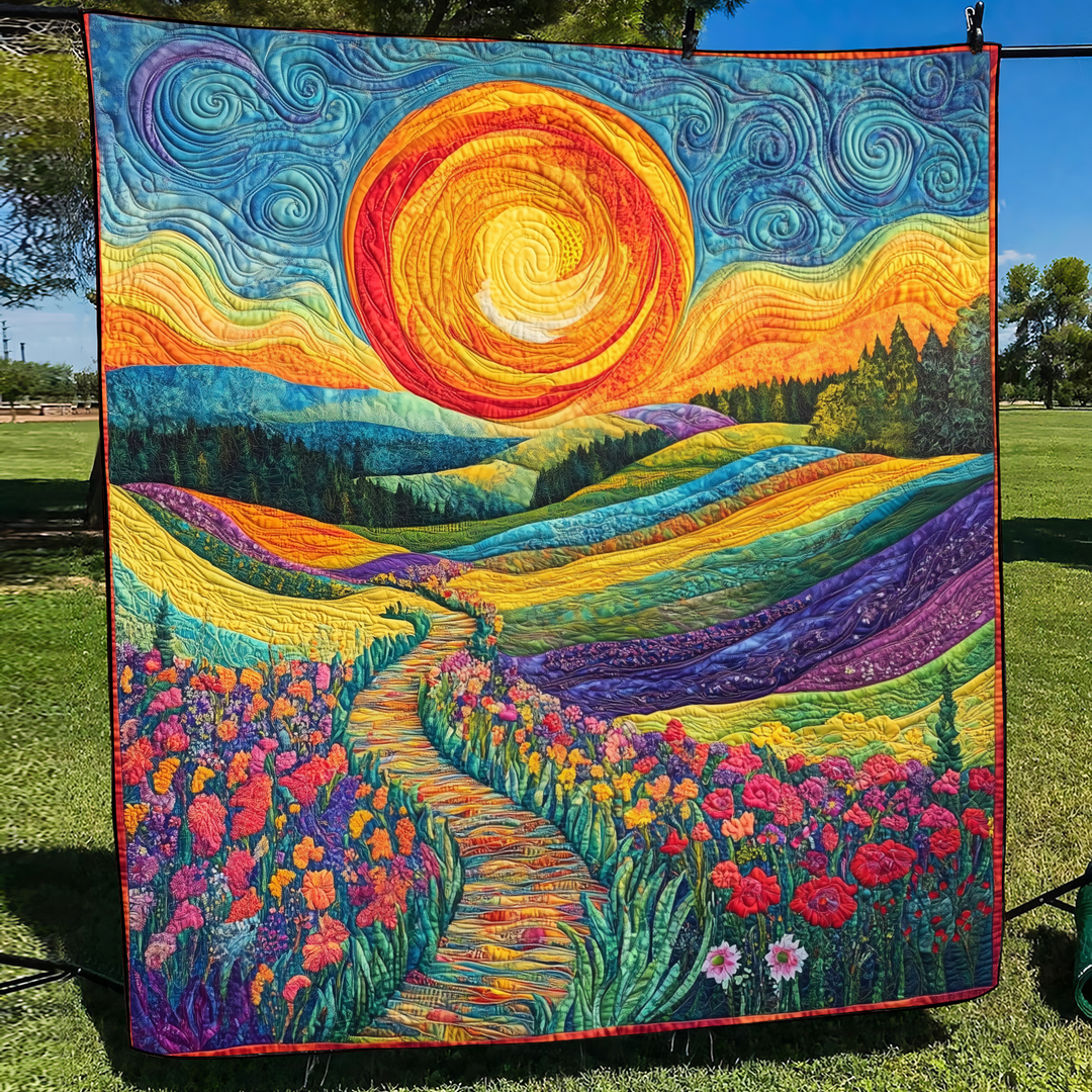 Quiltet pledd - Sol over fargerike blomstermarker