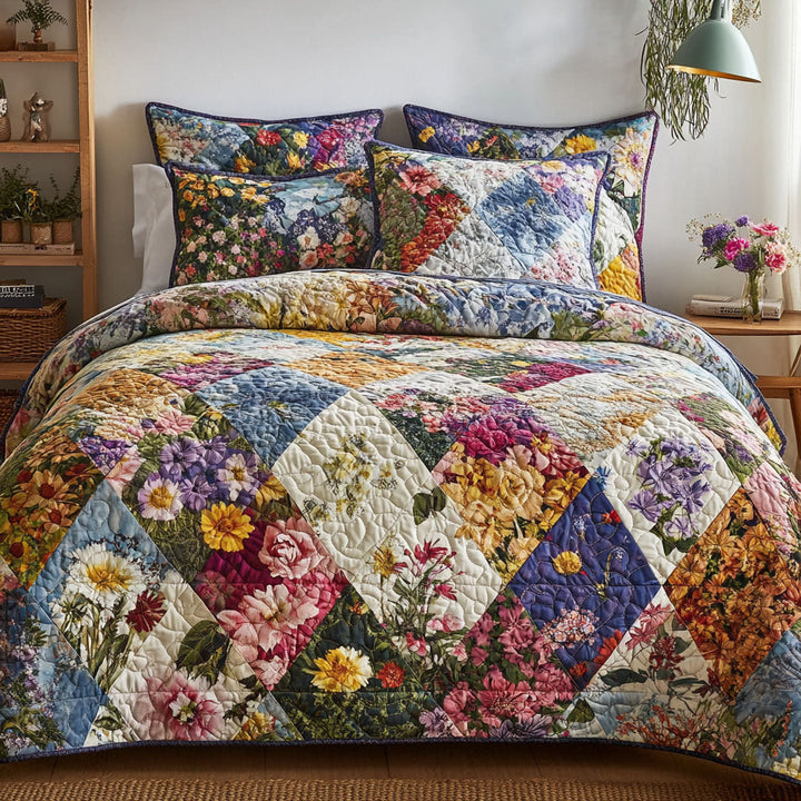 Sengesett 3 deler - Vintage blomsterpatchwork