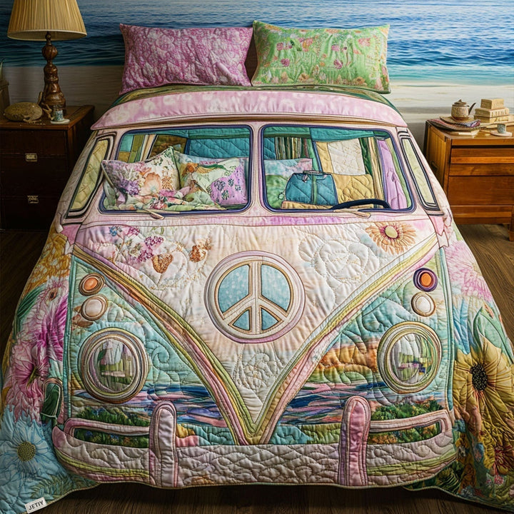 Sengesett 3 deler - Vintage hippiebuss med fredssymbol