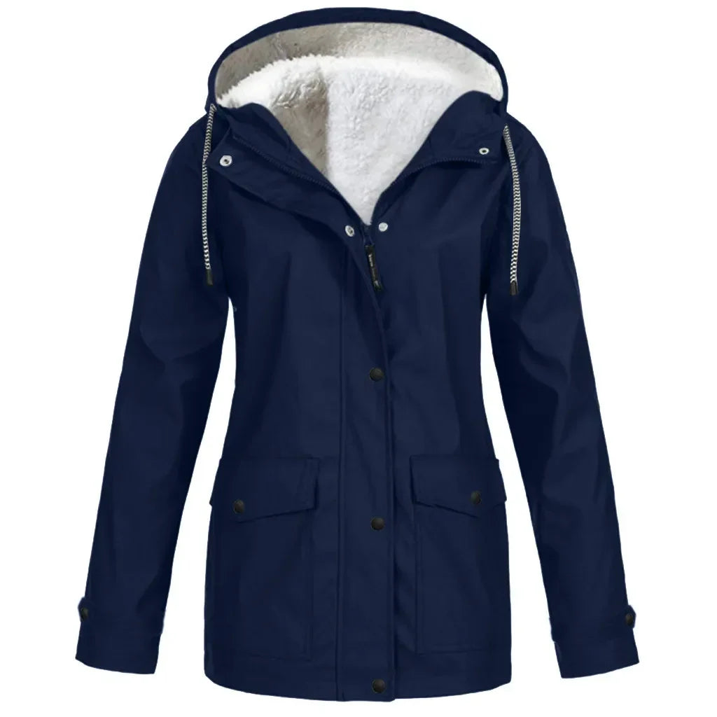 Vindtett og vannavstøtende turjakke med fleecefôr og hette for dame