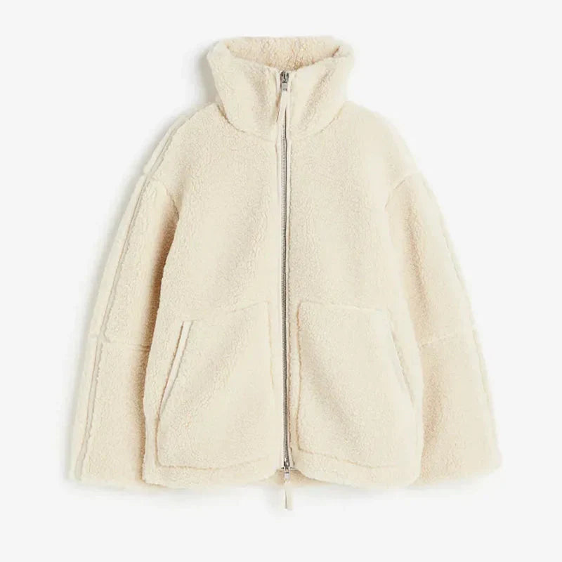 Oversized teddyjakke med ståkrage og glidelås for dame – beige og brun