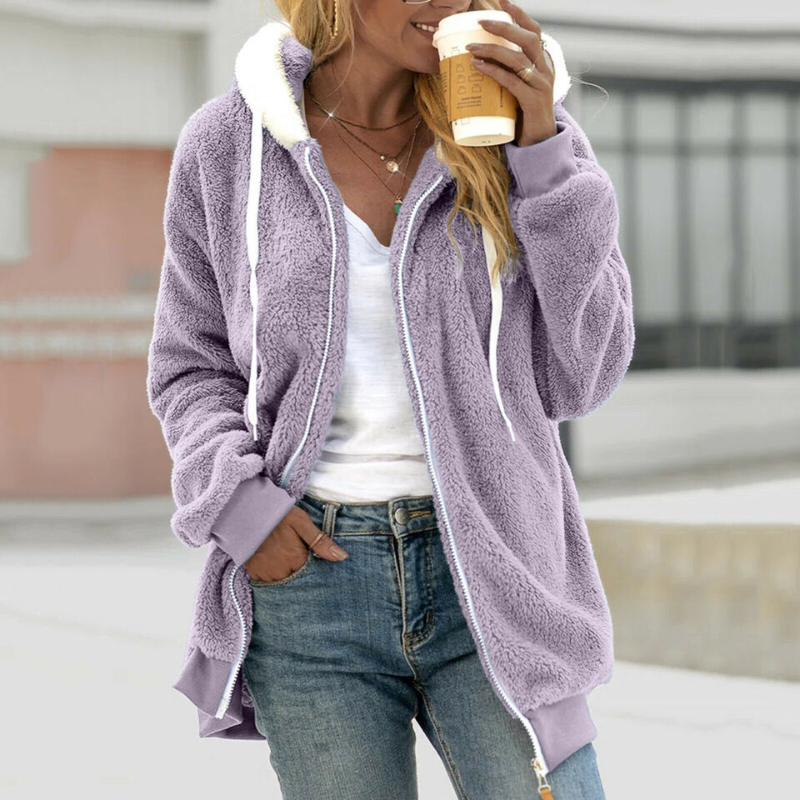 Oversized fleece-hoodie med glidelås og høy krage for dame – lang og varm