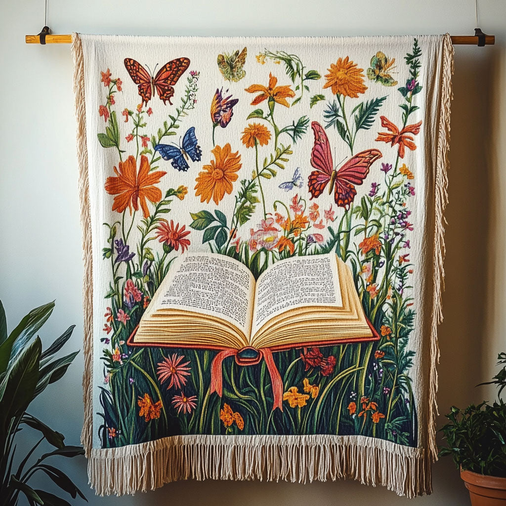 Vevd pledd - Åpen bok i blomsterhagen