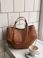 Romslig vintage tote bag i kalveskinn for dame – skulderveske med mykt fôr