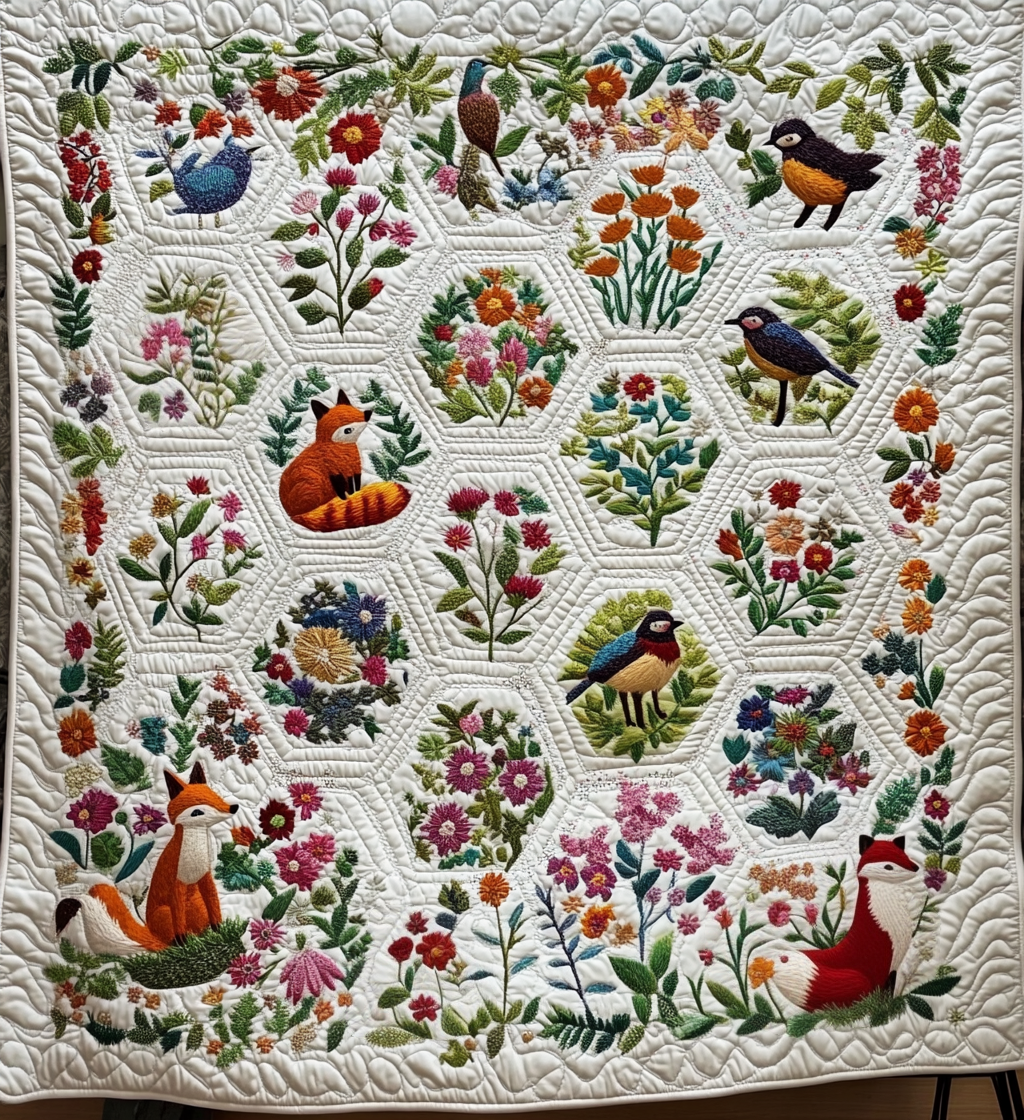 Quiltet pledd - Skogsdyr blant blomster