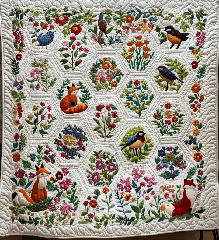 Quiltet pledd - Skogsdyr blant blomster