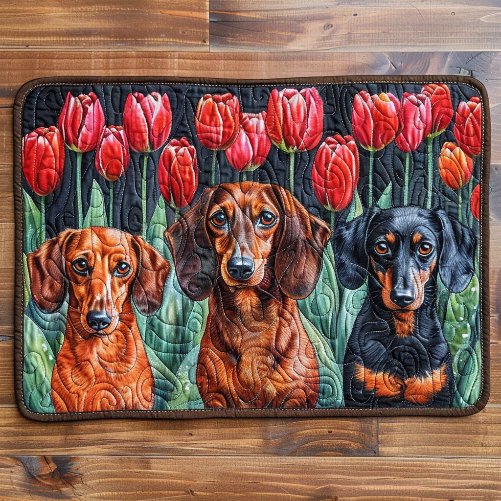 Bordbrikke - Tre dachshunder blant tulipaner