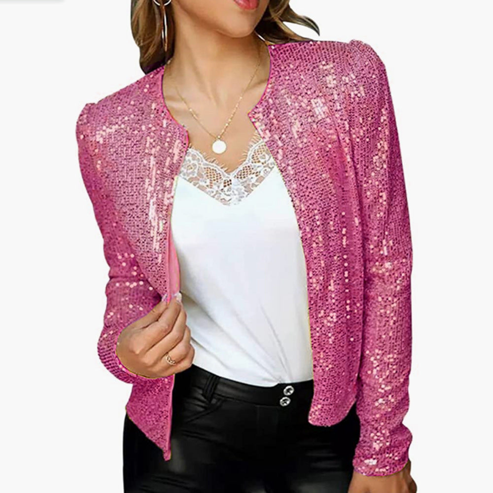 Glinsende blazer for dame – festblazer i gull, sølv, rød, lilla og rosa