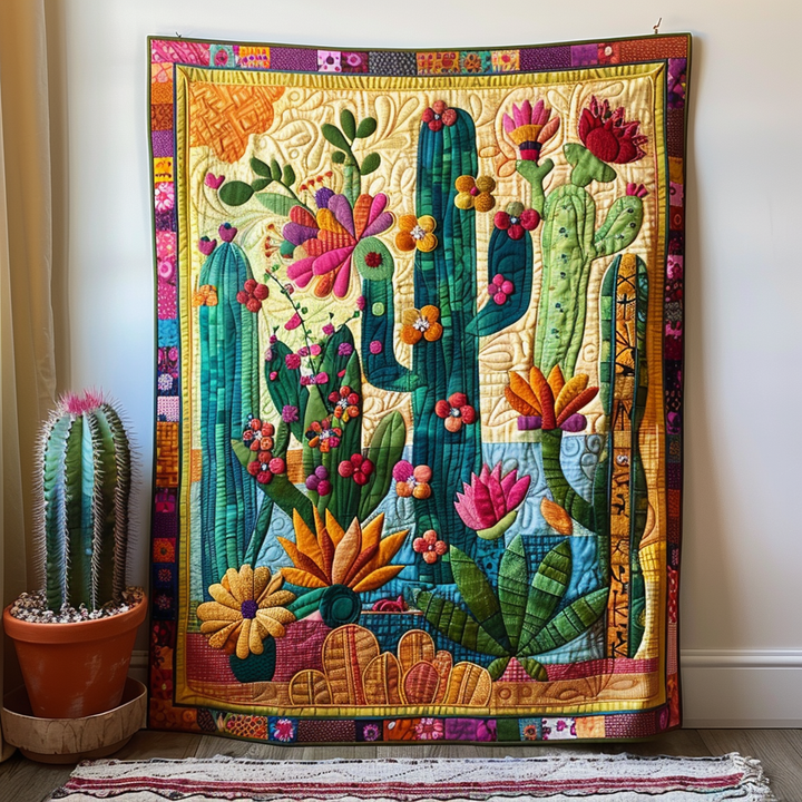 Quiltet pledd - Blomstrende kaktus i sterke farger