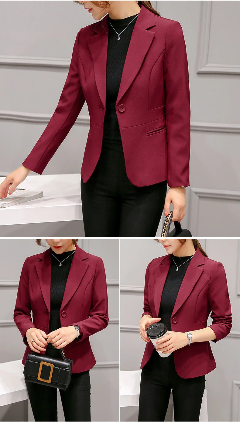 Kort slim fit blazer med lommer for dame – kontorblazer med hakkrage og én knapp