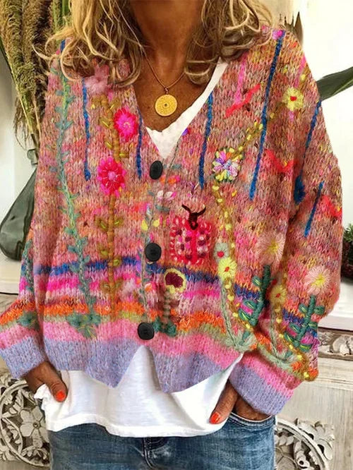 Retro cardigan for dame med trykt mønster – feminin og elegant i grå, oransje og blå