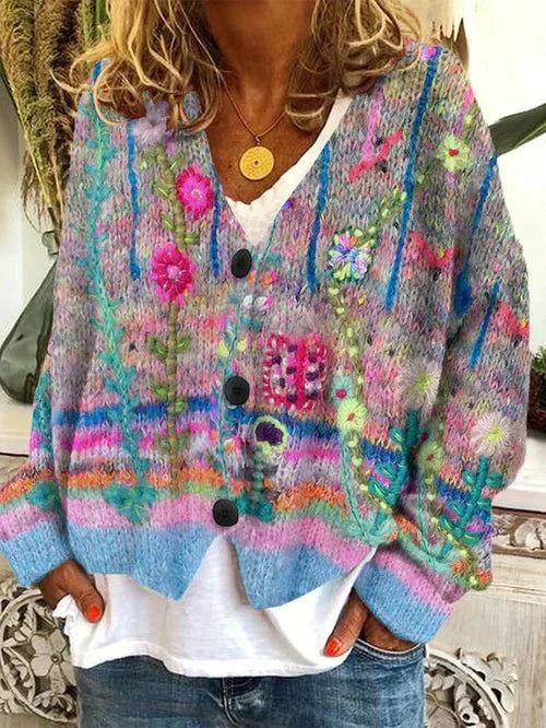 Retro cardigan for dame med trykt mønster – feminin og elegant i grå, oransje og blå