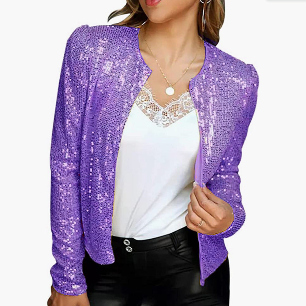 Glinsende blazer for dame – festblazer i gull, sølv, rød, lilla og rosa