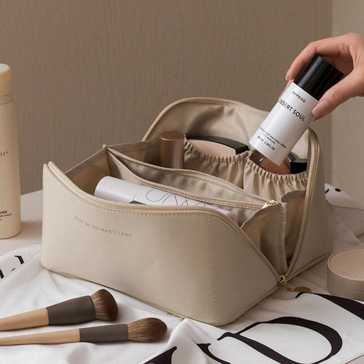 Elegant sminkeveske i skinnlook for dame – romslig toalettveske, rosa og brun