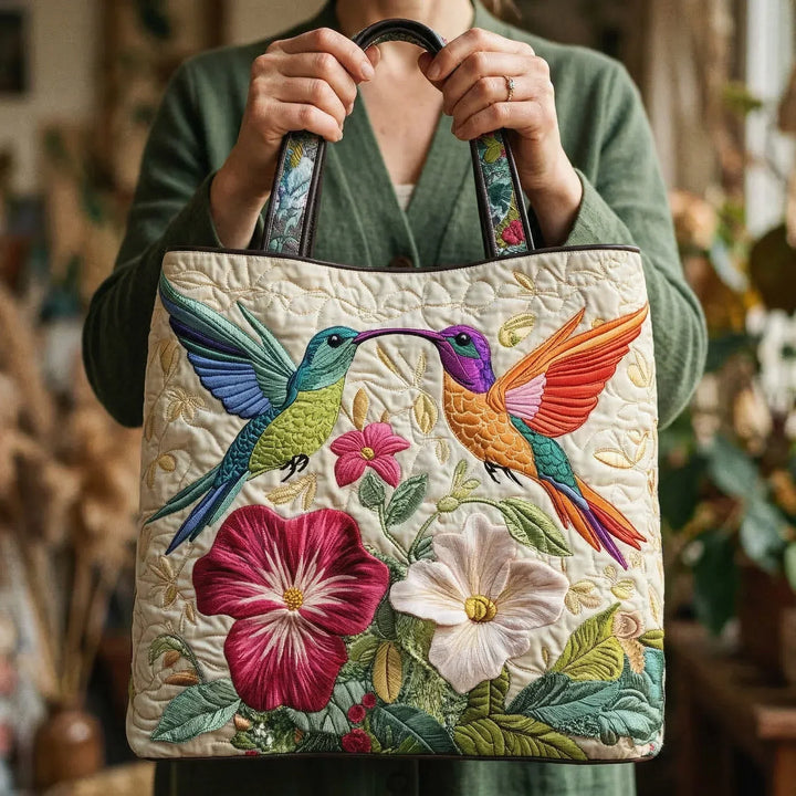 Håndlaget veske - Kolibri blant rosa og hvite blomster