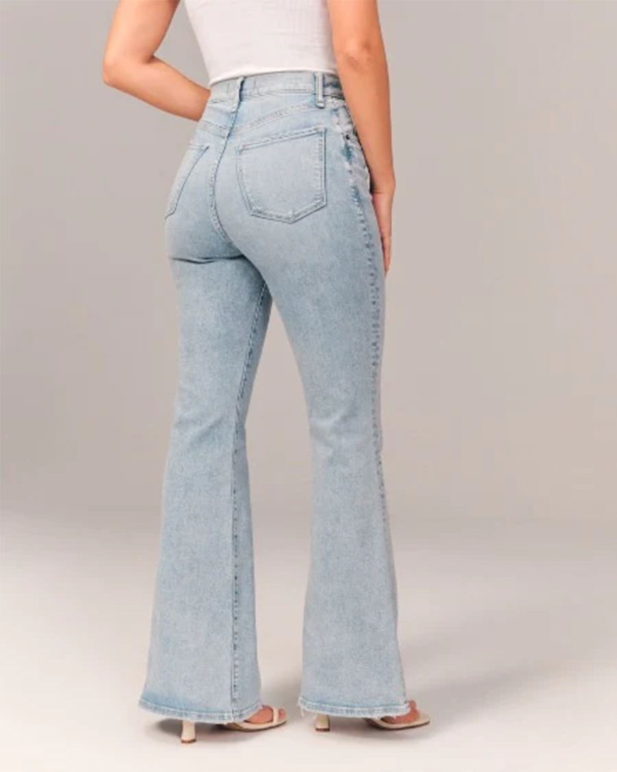 Utsvingt stretchjeans med høyt liv for dame – retro flare jeans i lyseblå og mørkeblå