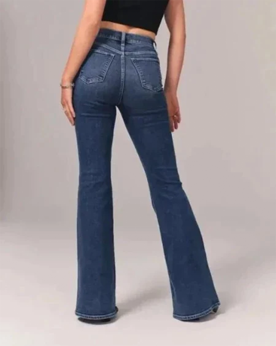 Utsvingt stretchjeans med høyt liv for dame – retro flare jeans i lyseblå og mørkeblå