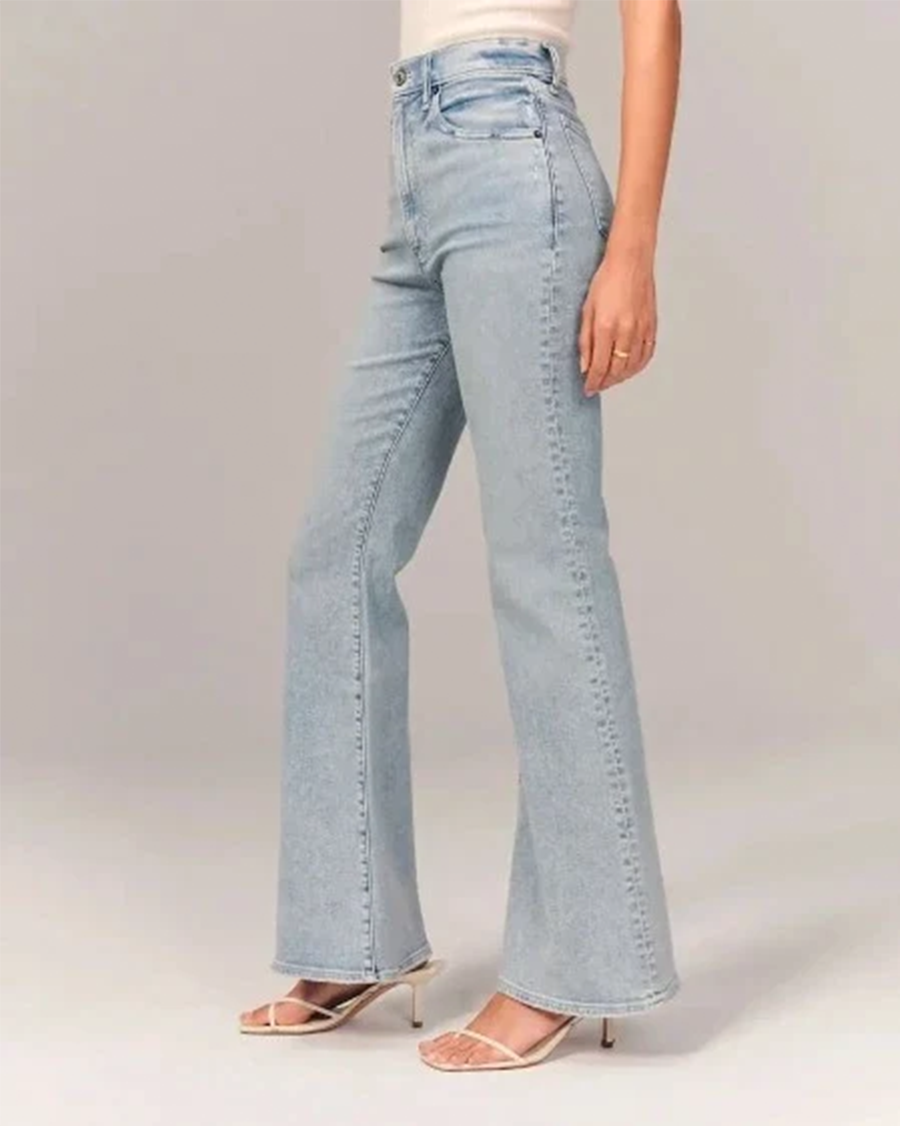 Utsvingt stretchjeans med høyt liv for dame – retro flare jeans i lyseblå og mørkeblå