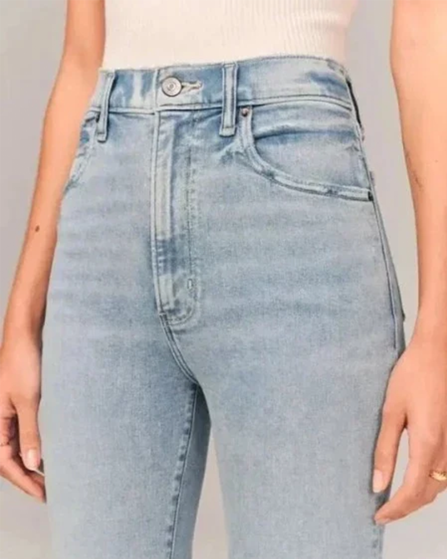 Utsvingt stretchjeans med høyt liv for dame – retro flare jeans i lyseblå og mørkeblå