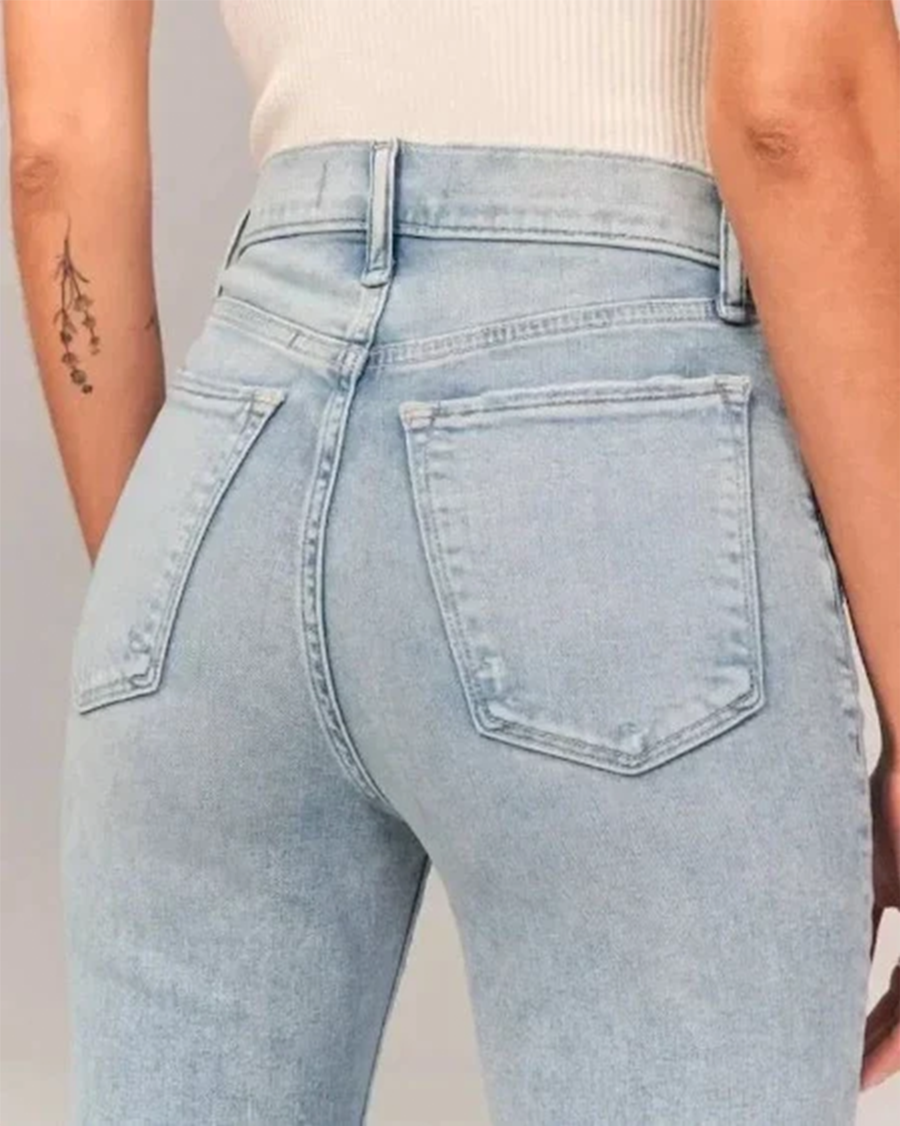 Utsvingt stretchjeans med høyt liv for dame – retro flare jeans i lyseblå og mørkeblå