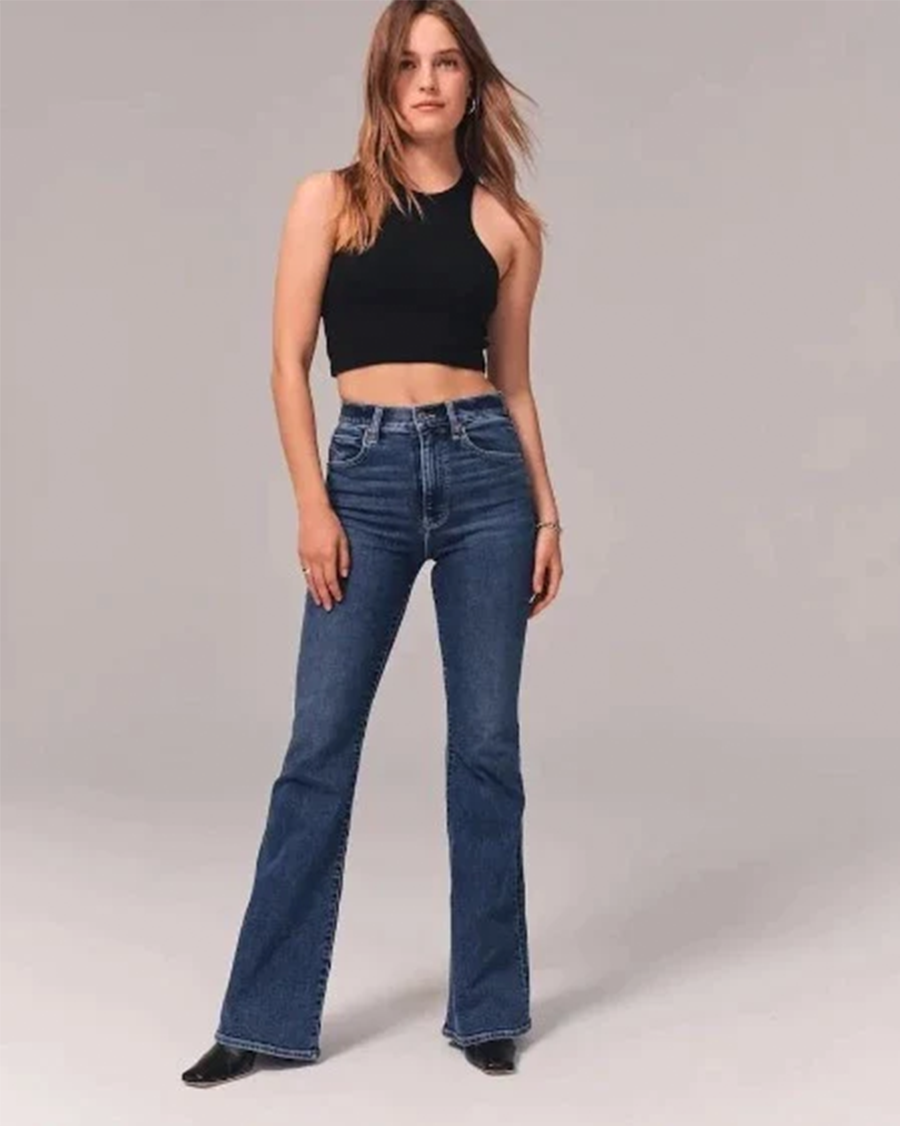 Utsvingt stretchjeans med høyt liv for dame – retro flare jeans i lyseblå og mørkeblå