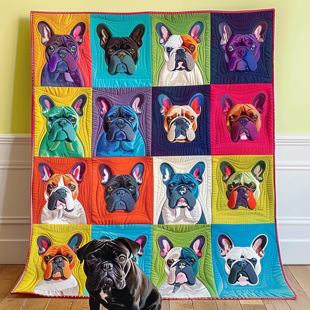 Quiltet pledd - Franske bulldogger i patchwork