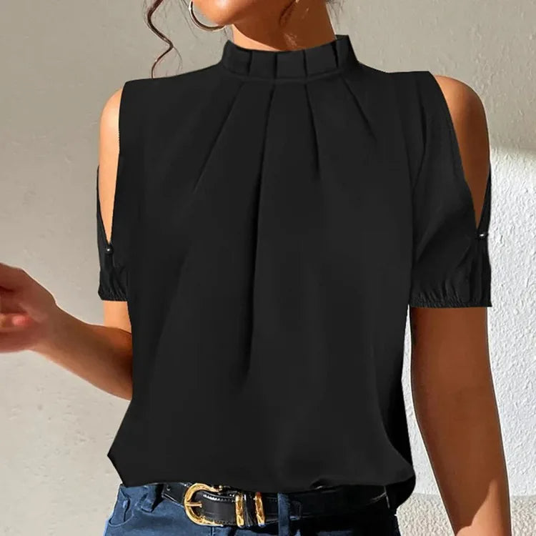 Plissert topp med ståkrage for dame – kort erme, ermeløs eller off-shoulder