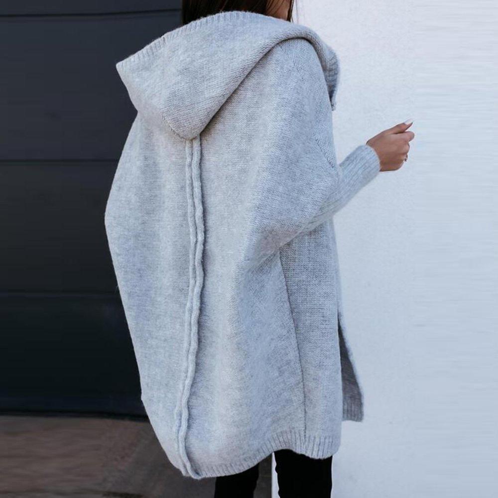 Oversized boxy strikkejakke med hette og lange ermer for dame – grå