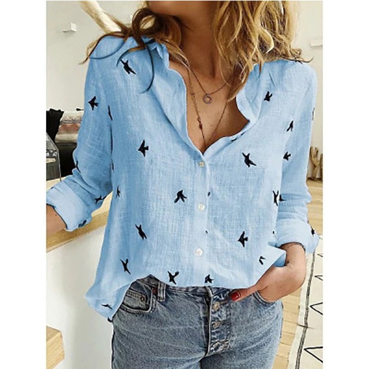 Avslappet bluse for dame ensfarget eller med fuglemønster – til kontor og fritid, S–5XL