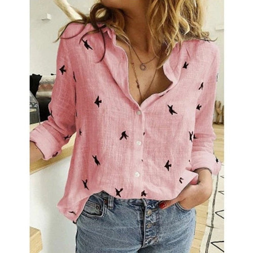 Avslappet bluse for dame ensfarget eller med fuglemønster – til kontor og fritid, S–5XL