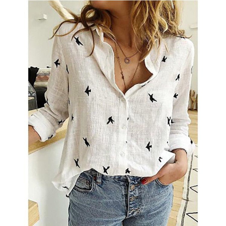 Avslappet bluse for dame ensfarget eller med fuglemønster – til kontor og fritid, S–5XL