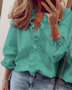 Bluse med rysjer og V-hals for dame – feminin topp i størrelse XXS–5XL