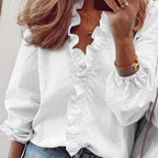 Bluse med rysjer og V-hals for dame – feminin topp i størrelse XXS–5XL