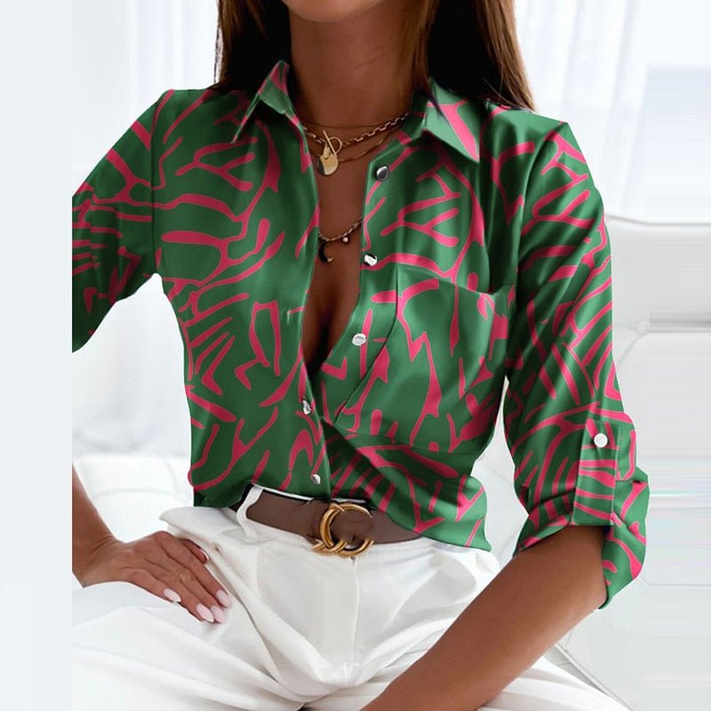 Bluse med nedbrettet krage for dame – mønstret bluse til jobb og fritid, 13 design