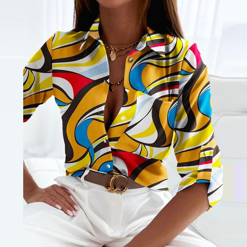 Bluse med nedbrettet krage for dame – mønstret bluse til jobb og fritid, 13 design