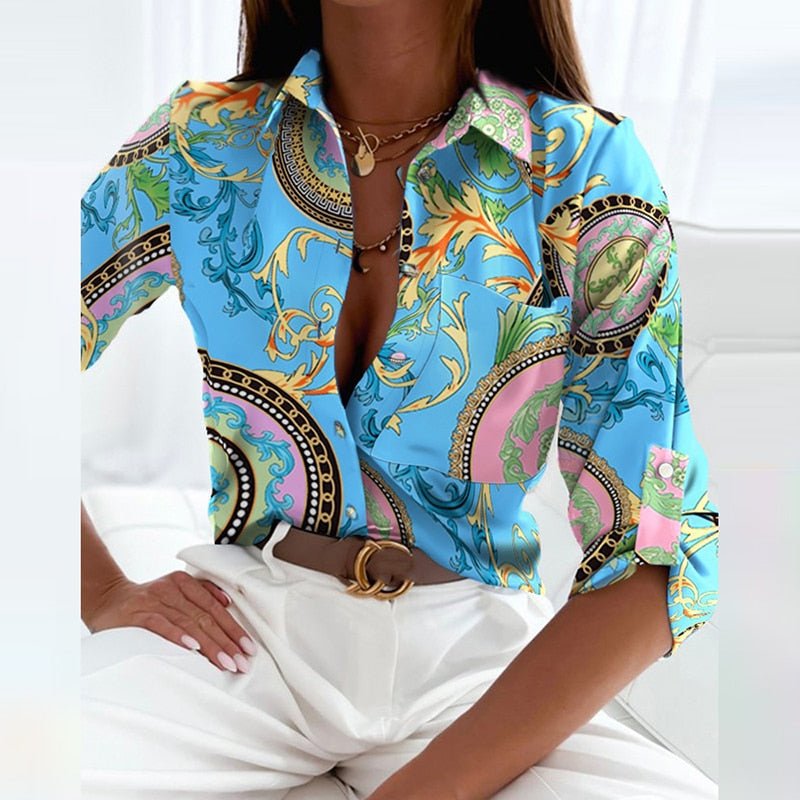 Bluse med nedbrettet krage for dame – mønstret bluse til jobb og fritid, 13 design