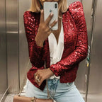Glinsende blazer for dame – festblazer i gull, sølv, rød, lilla og rosa